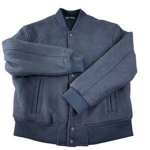 Zara Varsity Bomber Jacket Mens XL Navy Blue Wool Blend Snap Front Dark Academia